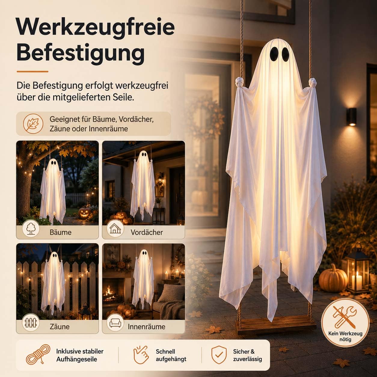 Swinging Ghost mit Fernbedienung & Led, Halloween HäNgender Schaukelgeist, Leuchtende Geist mit Holzschaukel, füR Garten, Hof, Veranda, Feiertage (B-Leuchtend)