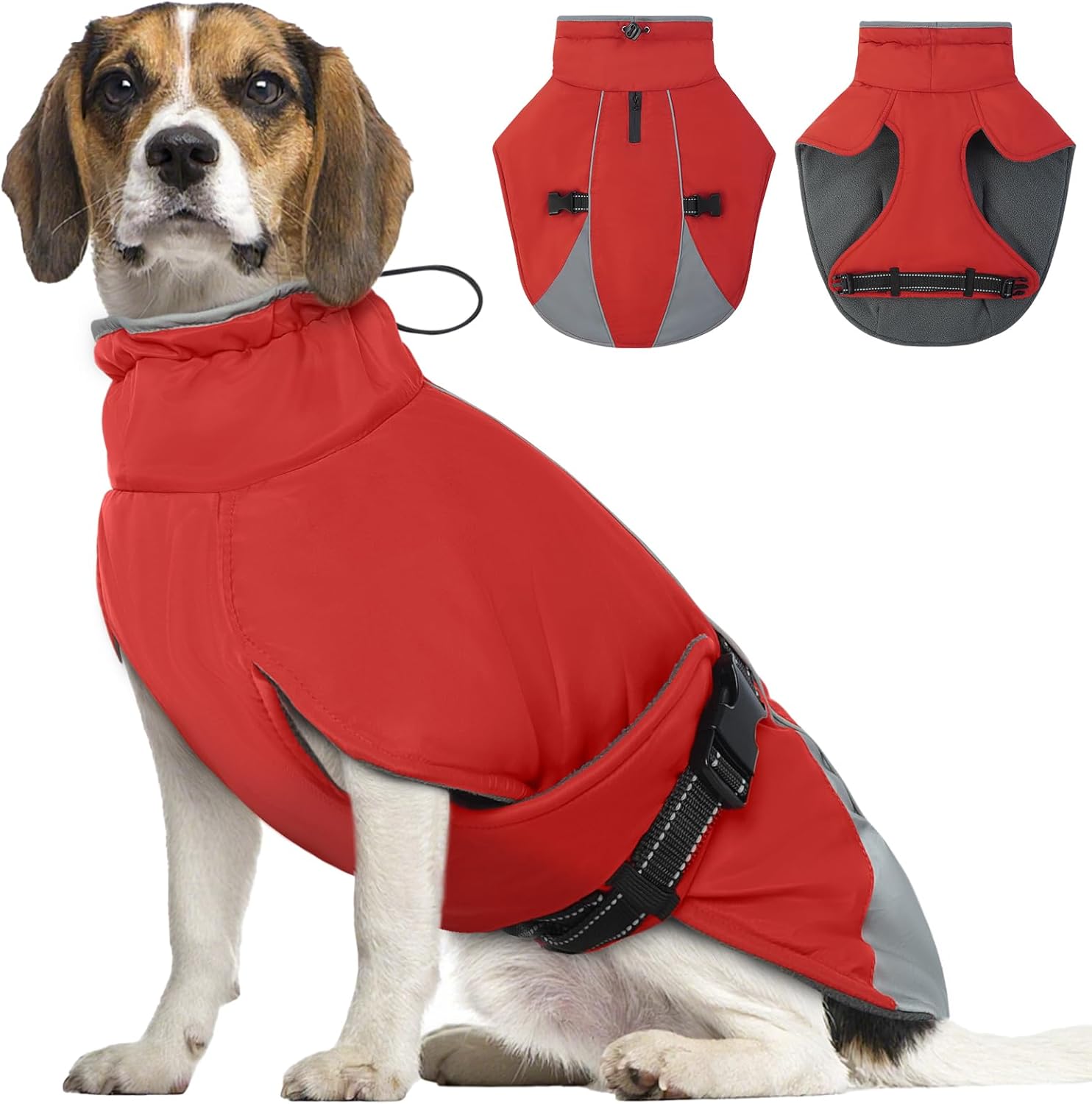Dog Coat for Small to Large Dogs – Water Resistant Jacket with Soft Fleece Lining, Adjustable Fit and Reflective Trim Red XL