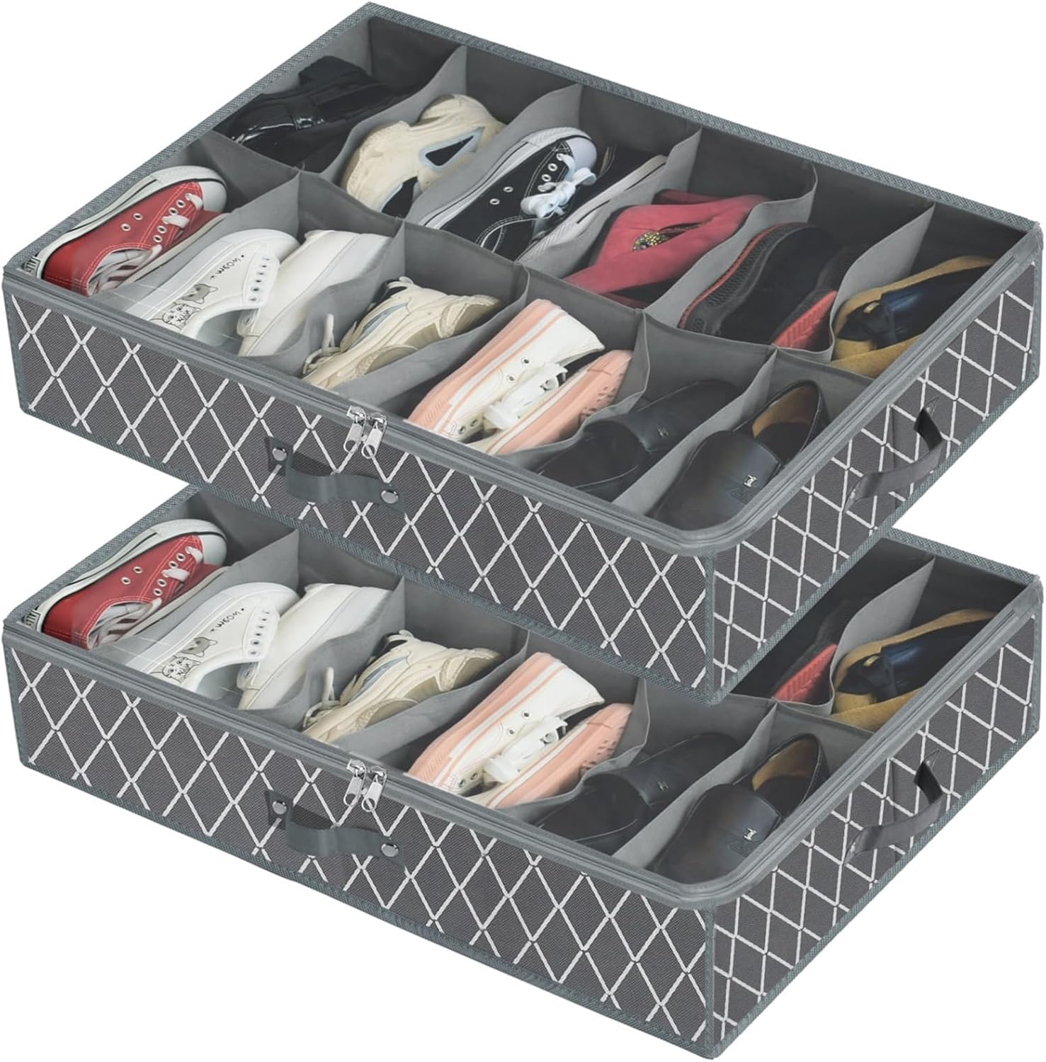 BAHREL Shoe Storage Organizer Under Bed, 2 Pack Fits 24 Pairs, Underbed Shoe Storage Box with Sturdy Handles and Clear Window, Breathable Fabric Underbed Storage Solution for Sneakers Slippers