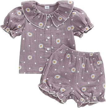 fhutpw Toddler Baby Girls Summer Clothes Cherry/Daisy Printed Puff Short Sleeve Button Down Tops Shorts Set Cute Outfits