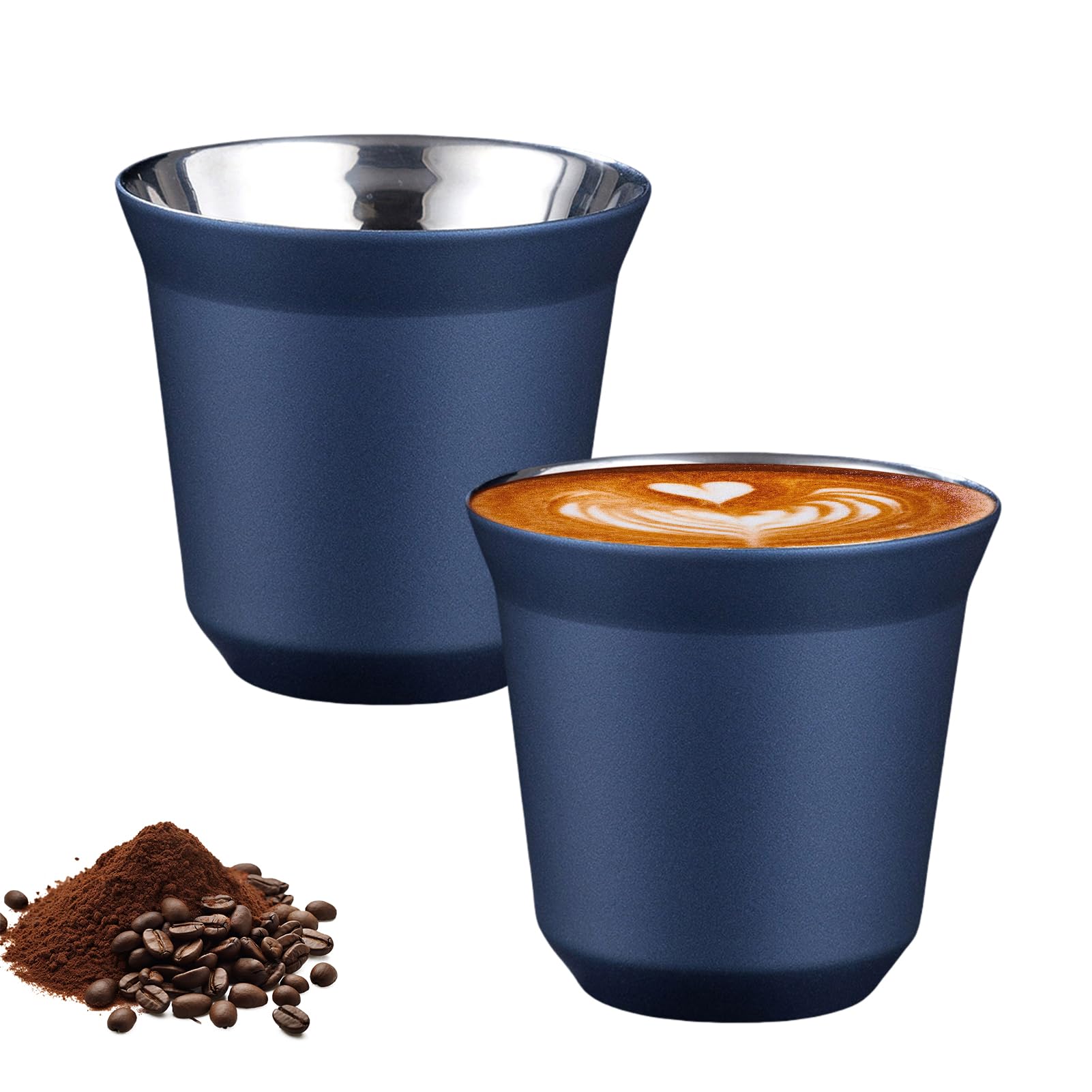 Set di 2 tazze da caffè in acciaio inox, con pareti spesse, 80 ml, in acciaio inox, colore: blu scuro