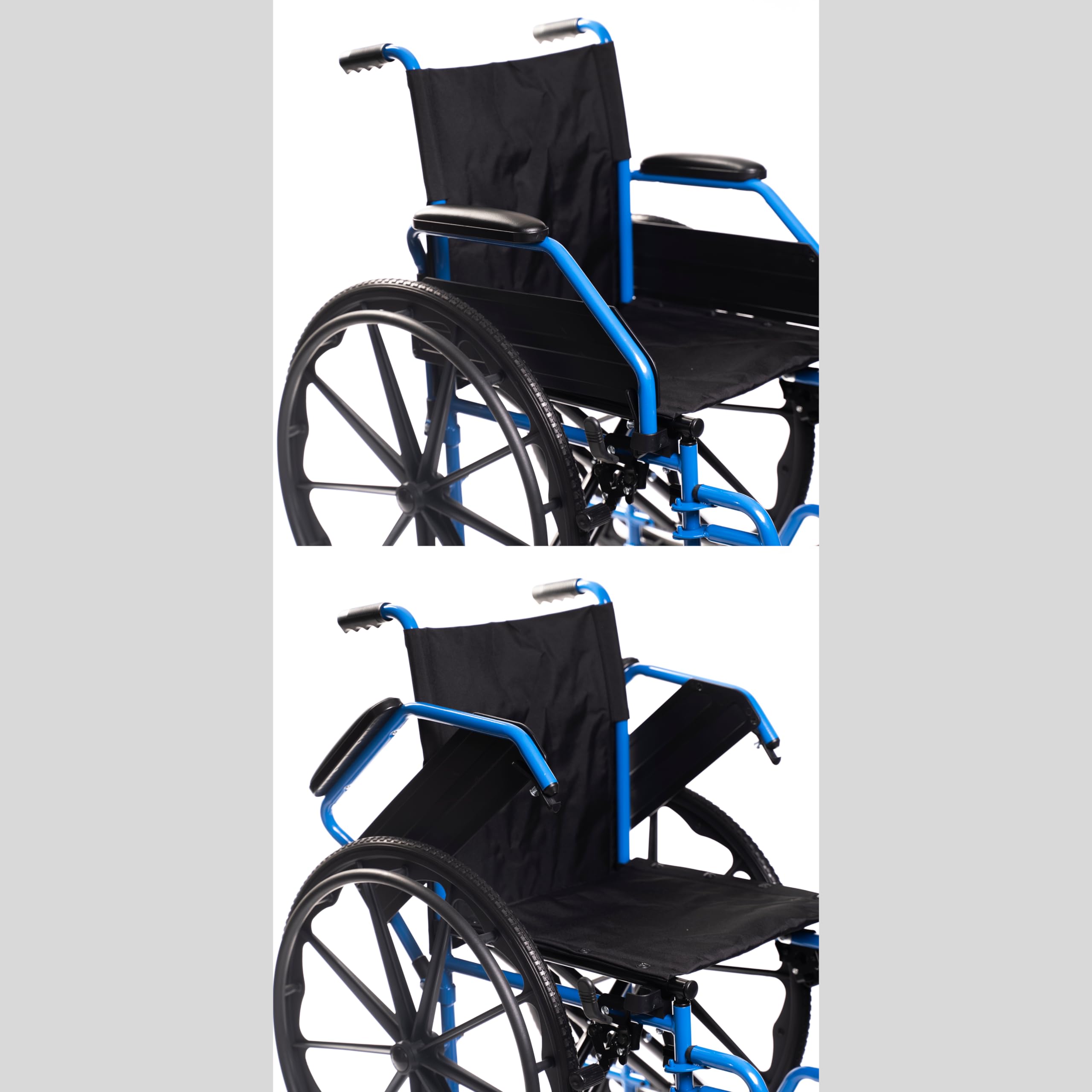 PBPharma - Carrozzina Deluxe Pieghevole 40 x 43 e Leggera per Anziani - Sedia a Rotelle Pieghevole con Braccioli Ribaltabili, Pedane Estraibili, Ruote Piene e Freni di Stazionamento Blu
