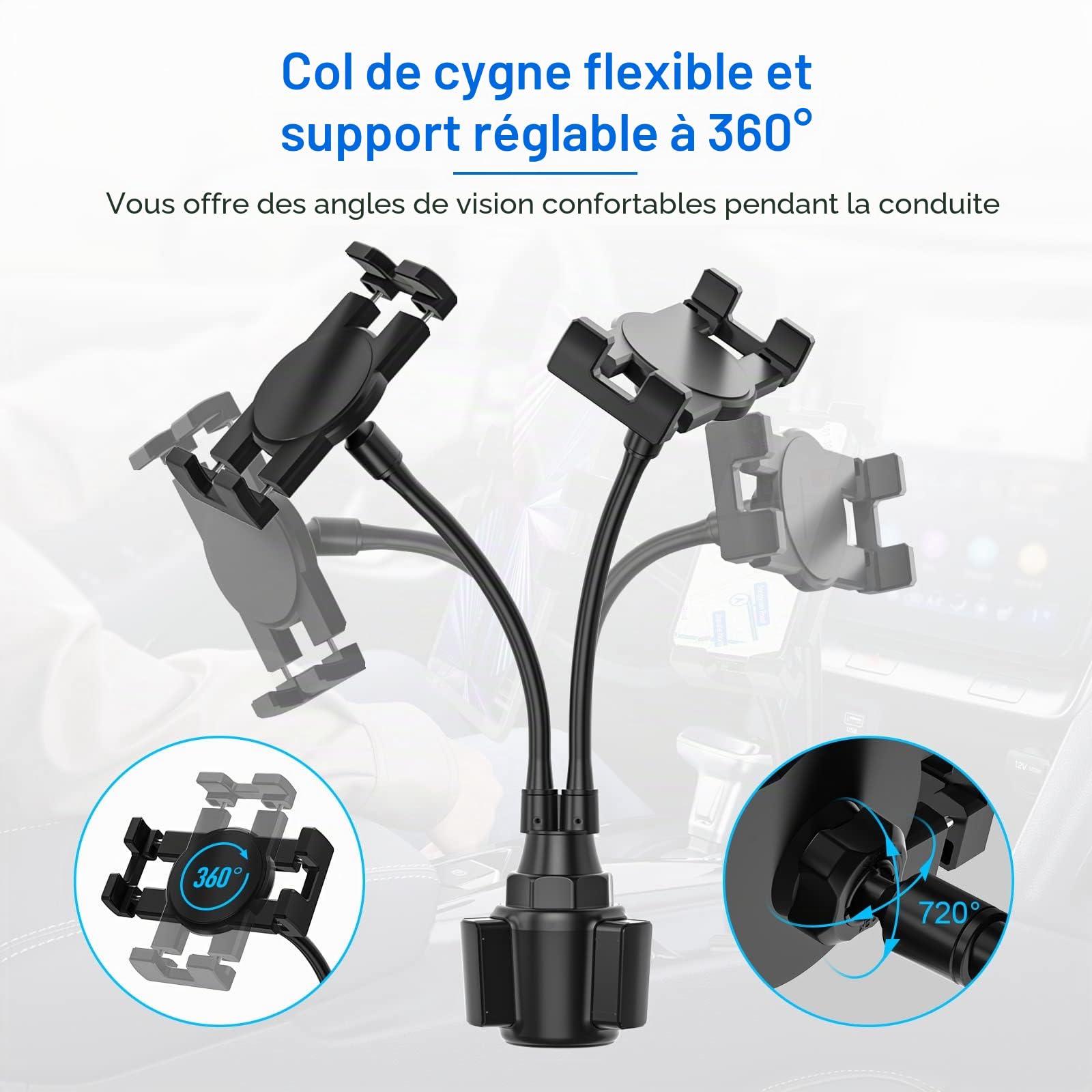 Support Tablette Voiture Porte Gobelet, Fixation Tablette Porte Gobelet