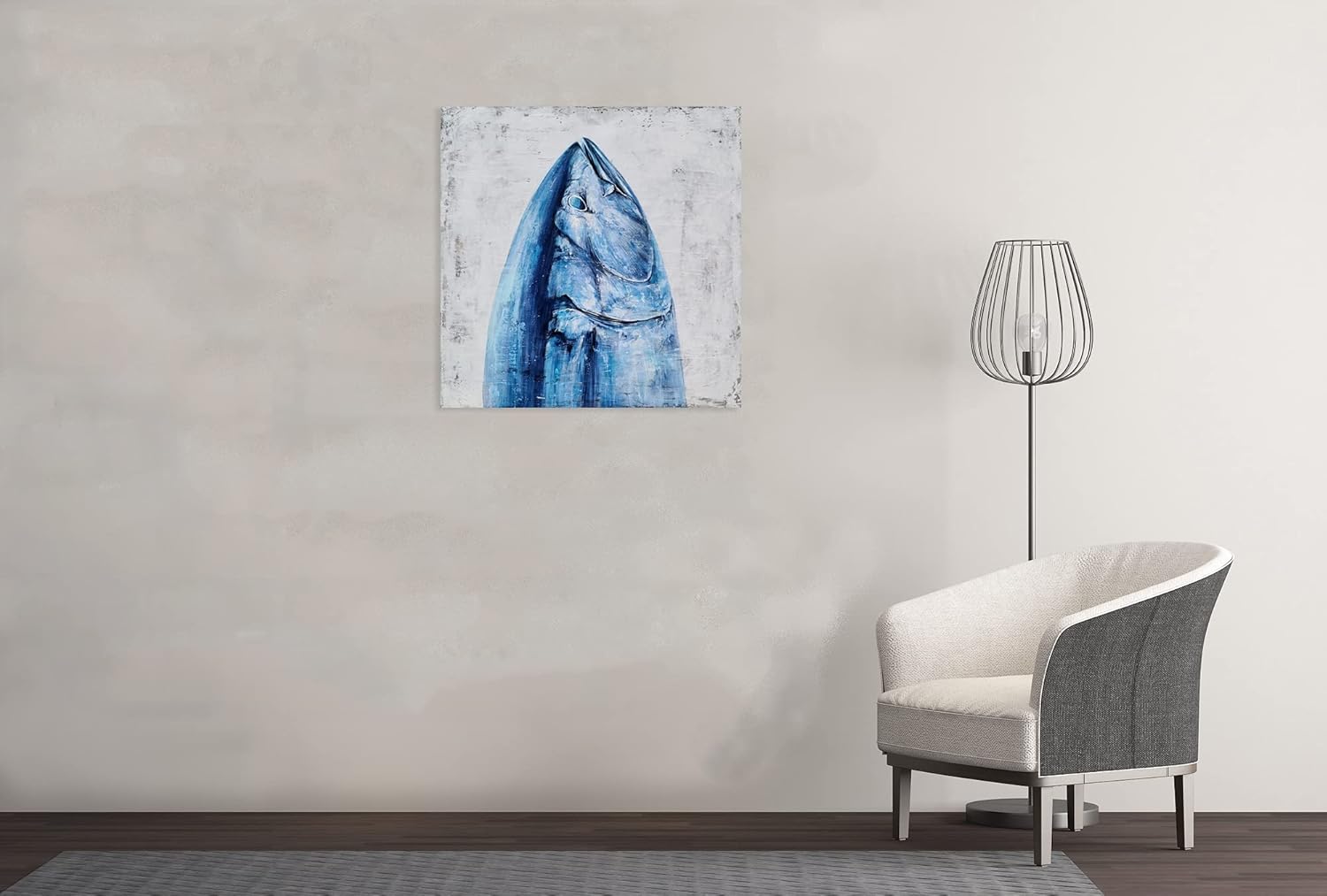 Blue and White Canvas Wall Art with Textured - Modern Fish Paintings - Contemporary Square Coastal Pictures for Living Room Bedroom Bathroom Decor Blue White Fish 20x20IN