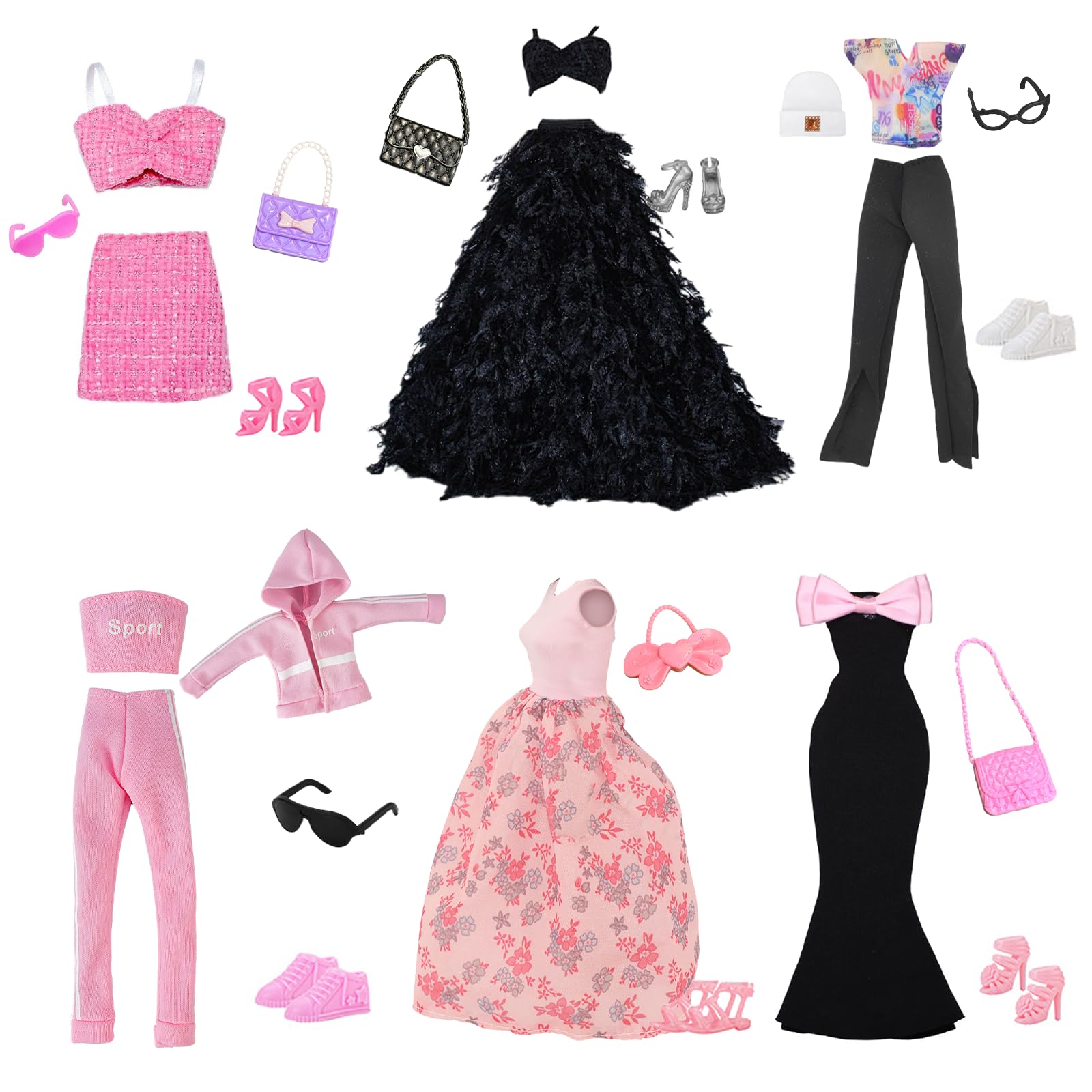 20 Pcs Doll Clothes and Accessories Dolls, 6 Fashion Clothes Party Dresses Princess Dress Little Fragrance Casual Set 6 Pairs of Shoes 8 Accessories for 11.5 inch Girl Doll