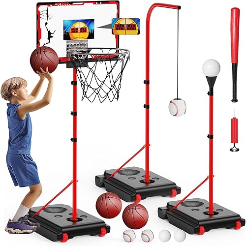 Juego de aro de baloncesto 4 en 1 y pelota en T para niños, soporte de baloncesto ajustable, camiseta de béisbol para niños y niñas de 2, 3, 4, 5,