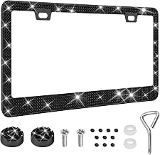 Bling License Plate Frame for Women, License Plate Holder, Sparkly Rhinestone Car Tag Holder Frame with Crystal Screws Caps, Stainless Steel Diamond Car Tag Cover for Women Girls (Black)