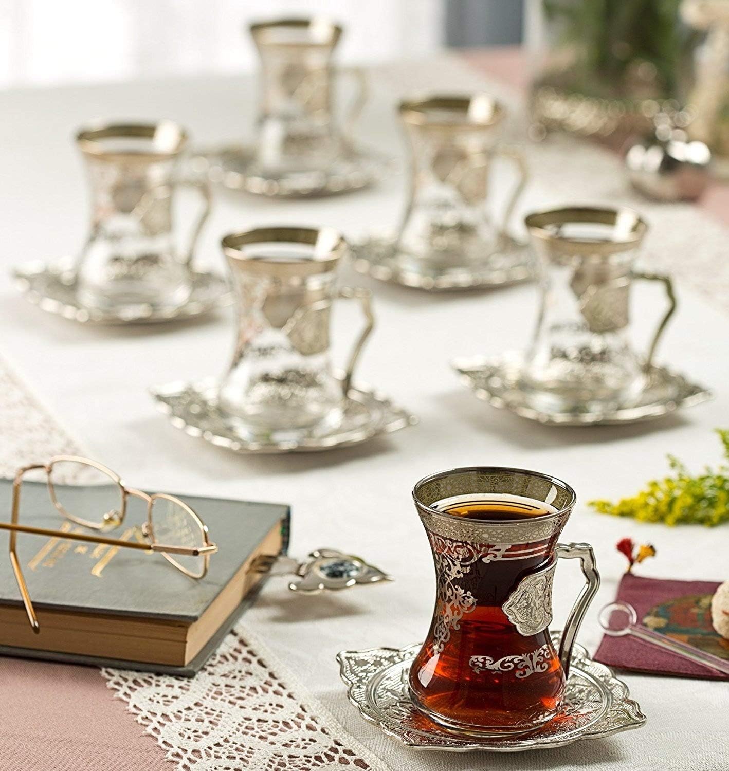 New 2017 Turkish Style Decorated Tea Glasses Cups Set for 6, Choose Color (Silver)