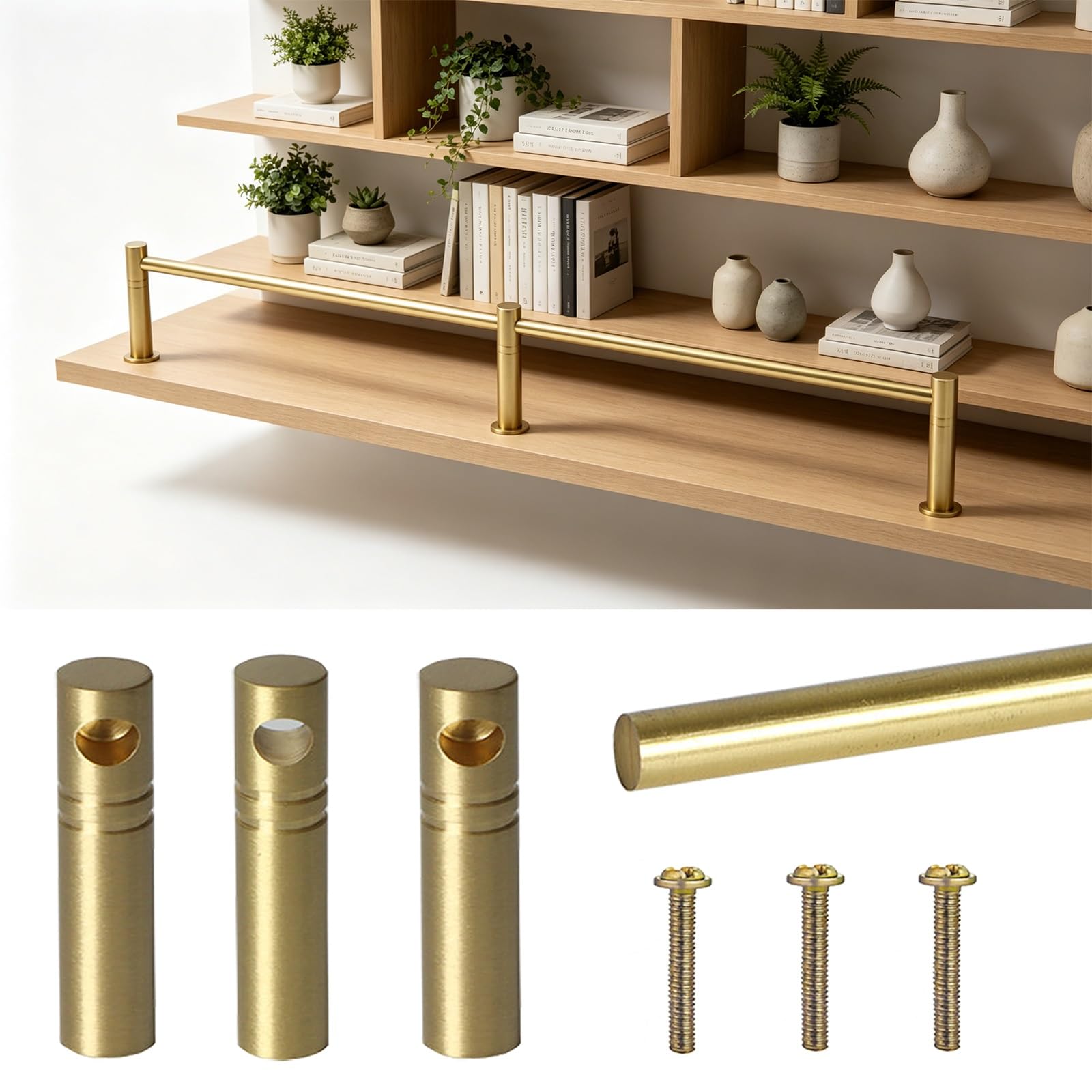 ERRULAN Anti-fall Brass Guardrail Bars for Open Shelves, Shelf Guard Rail Decorative for 0.5-0.7in Thick Plank, Minimalist Tipping/Gallery Railing(Gold,32in/81.3cm)