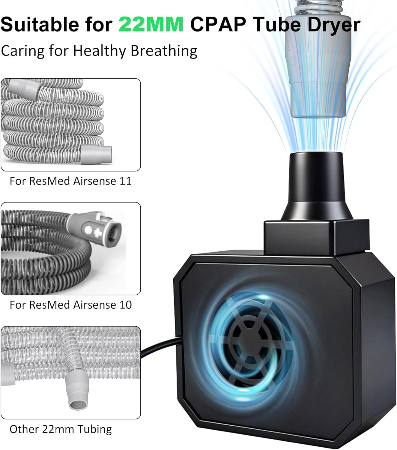 CPAP Hose Dryer & Tube Blower Fan for Universal 22mm Tubes - Quick-Dry Cleaner for Resmed Airsense 11 10 Tubing, BIPAP & Major Brands, Portable Travel Cleaning Supplies Kit (Black)