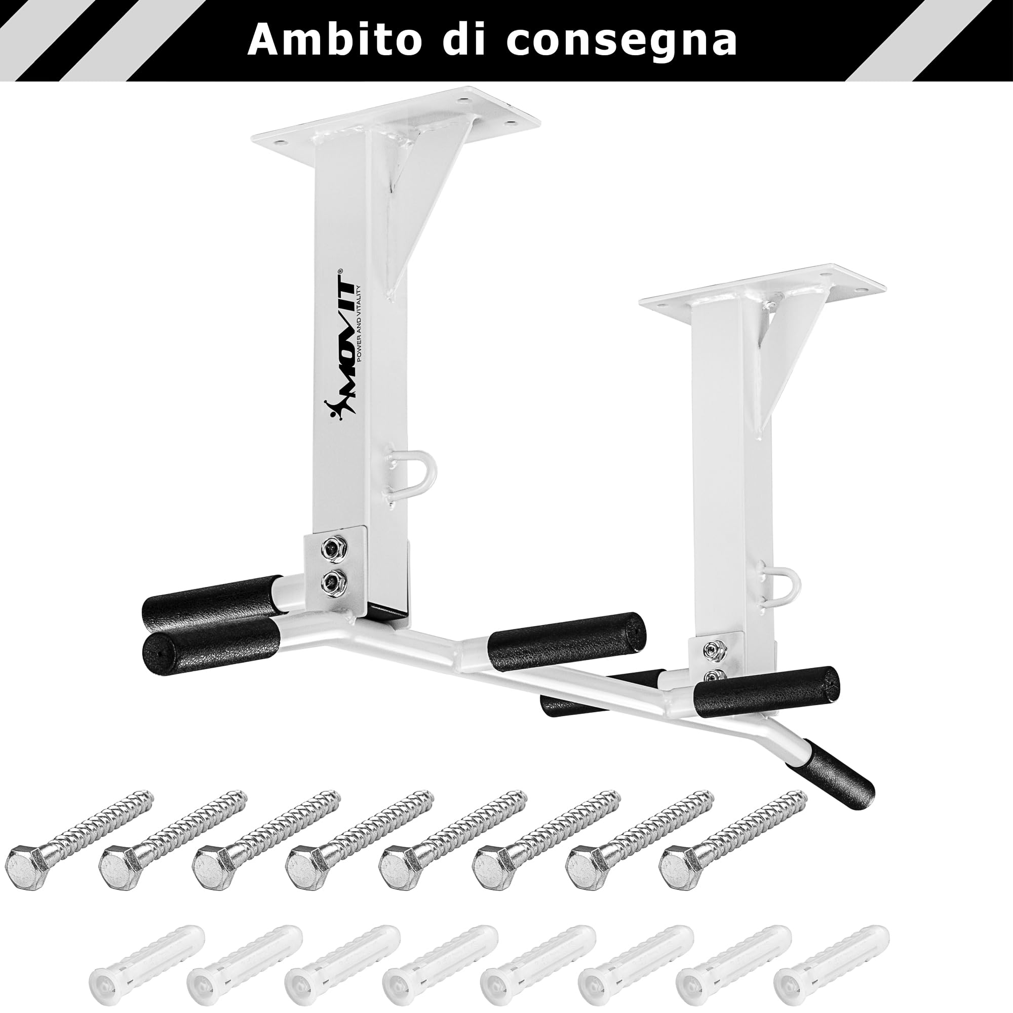 MOVIT Barra per Trazioni - a Soffitto, Professionale, Carico Massimo 350 kg, 6X Impugnatura Antiscivolo, 2X Gancio - Sbarra per Sollevarsi, Allenamento, Fitness, Pull up Bar, Chin Up