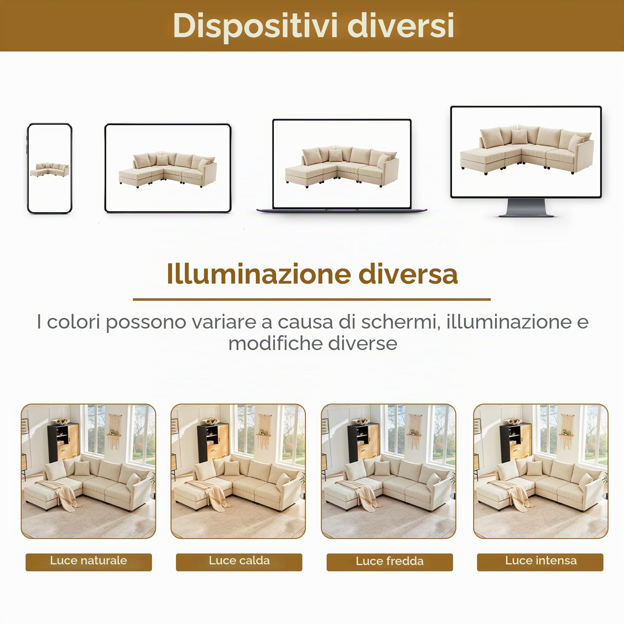 Divano moderno ad angolo, 220x194x85cm, divano a 5 posti, divano a L con poggiapiedi trasformabile e 2 cuscini, a righe verticali, divani combinato,sofa,Beige