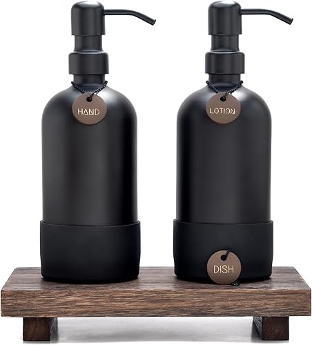 Finisterra Juego de dispensador de jabón negro para manos y platos con bandeja, dispensador de jabón y loción de baño bohemio con bandeja y