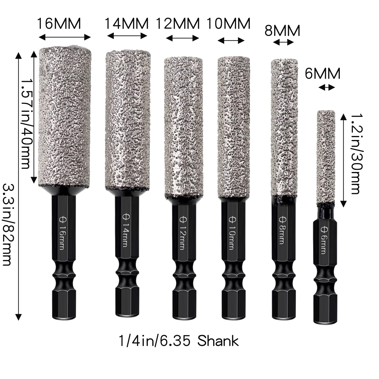 Juego de 6 brocas de diamante (6, 8, 10, 12, 14, 16 mm) para cerámica, granito, azulejos, vidrio, mármol, ladrillo, piedra con vástago hexagonal de 1/4