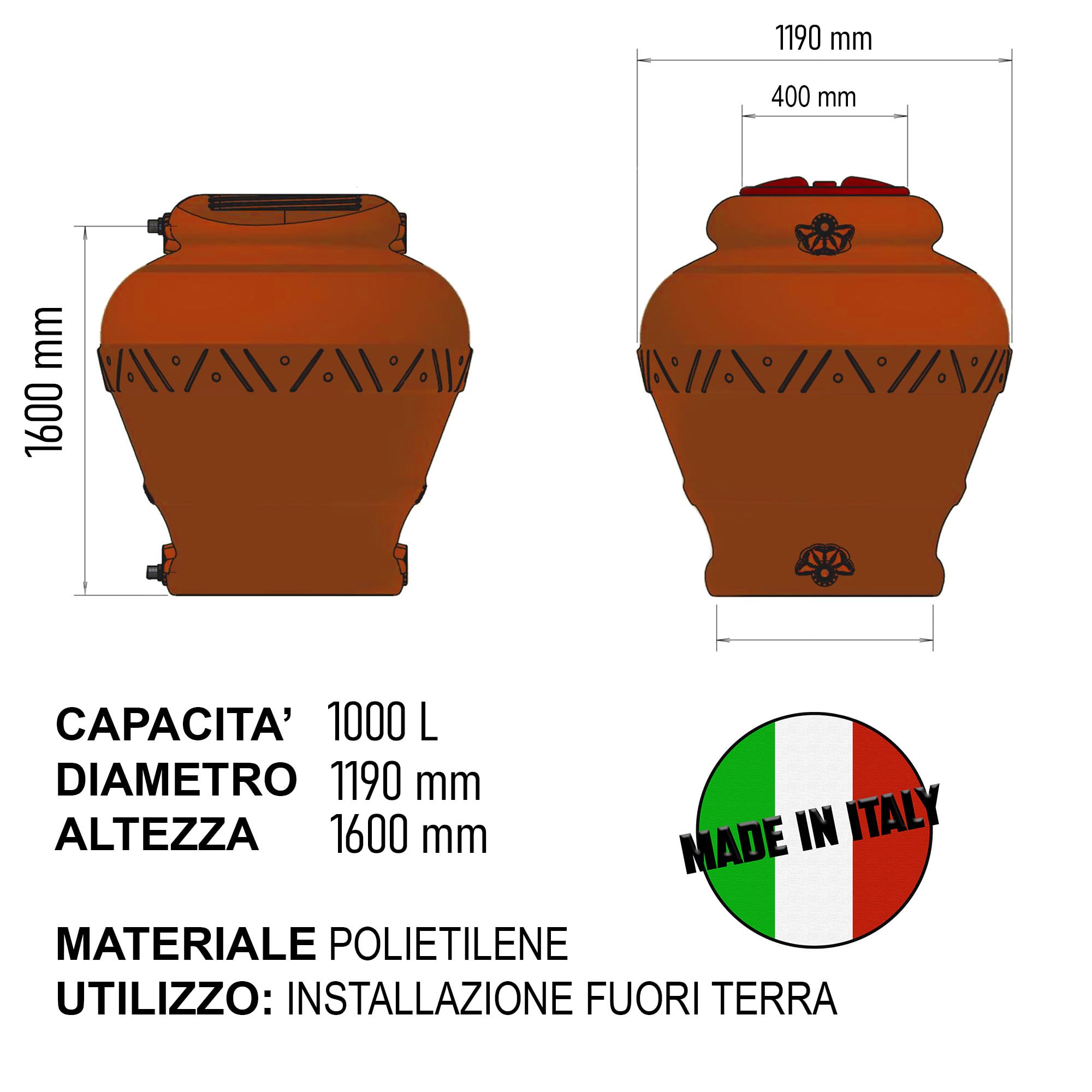 ESTO Serbatoio Acqua Elegante con Predisposizione Rubinetto 300 o 500 Litri, Cisterna Design Terracotta, Vaso Antico, Anfora, in Plastica Acqua Piovana 1000 LT/POMPA+PRESS CONTROL