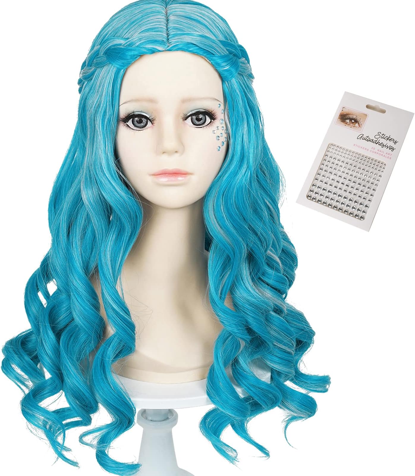 Half and Half Uniquebe Addison Zombies Wig 45cm Blue White Halloween Wigs for Kids Long Curly Wig Girls + Rhinestones + Wig Cap for Costume Cosplay Daily Wearing