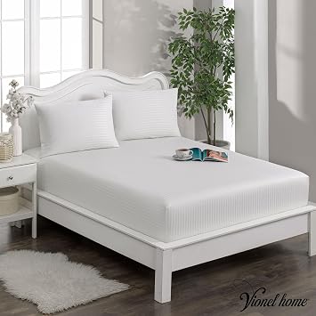 Vionel Home%100 Pamuk, Çizgili Saten Lastikli Çarşaf Seti | 82 Tel Sık Dokuma | Tek Kişilik | Çift Kişilik | Battal Boy (Beyaz, 120x200)