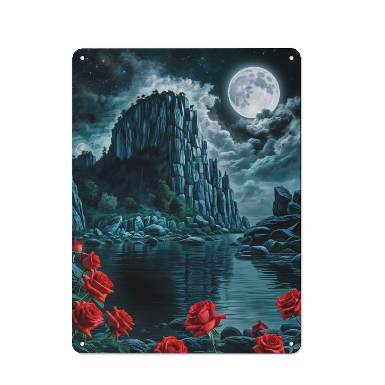 Junmoney Red Rose In Cliff Night Shed Style Metal Wall Decor 40X30cm, Tin Sign For Conservatory, Home Bar Or Utility Room