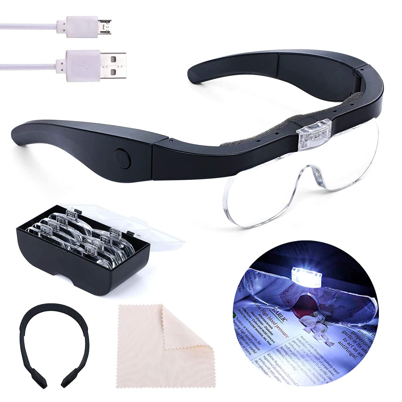 SANTUNK Head Magnifier Glasses with 2 LED Lights USB Charging Magnifying Eyeglasses for Reading Jewelry Craft Watch Repair Hobby, Detachable Lenses 1.5X, 2.5X, 3.5X,5X
