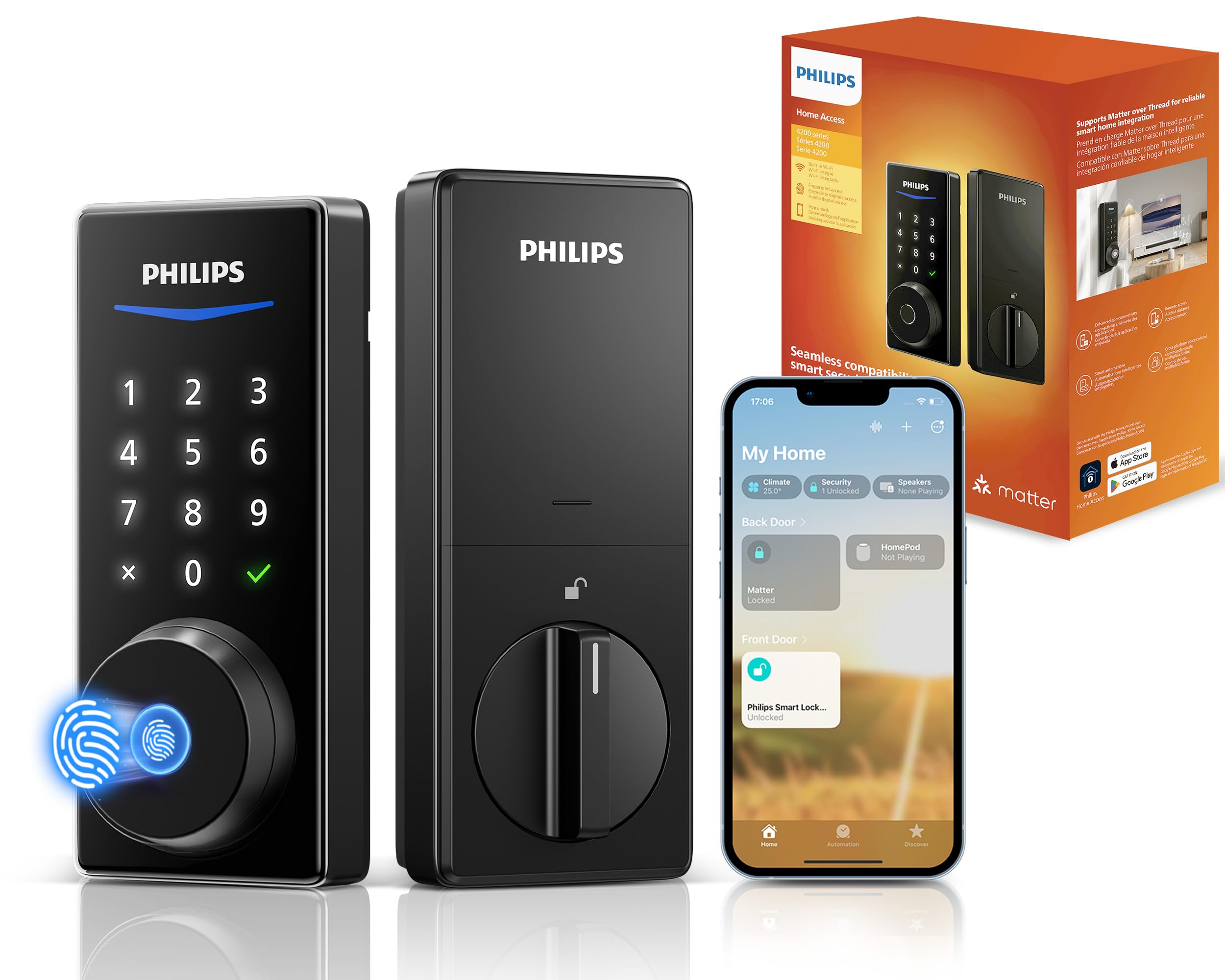 Philips Bluetooth Smart Door Lock with Matter, Keyless Entry Door Lock with App Control, Fingerprint Front Door Lock Set, Keypad Deadbolt Lock with Apple Home, Alexa, Google, Touchscreen Smart Lock