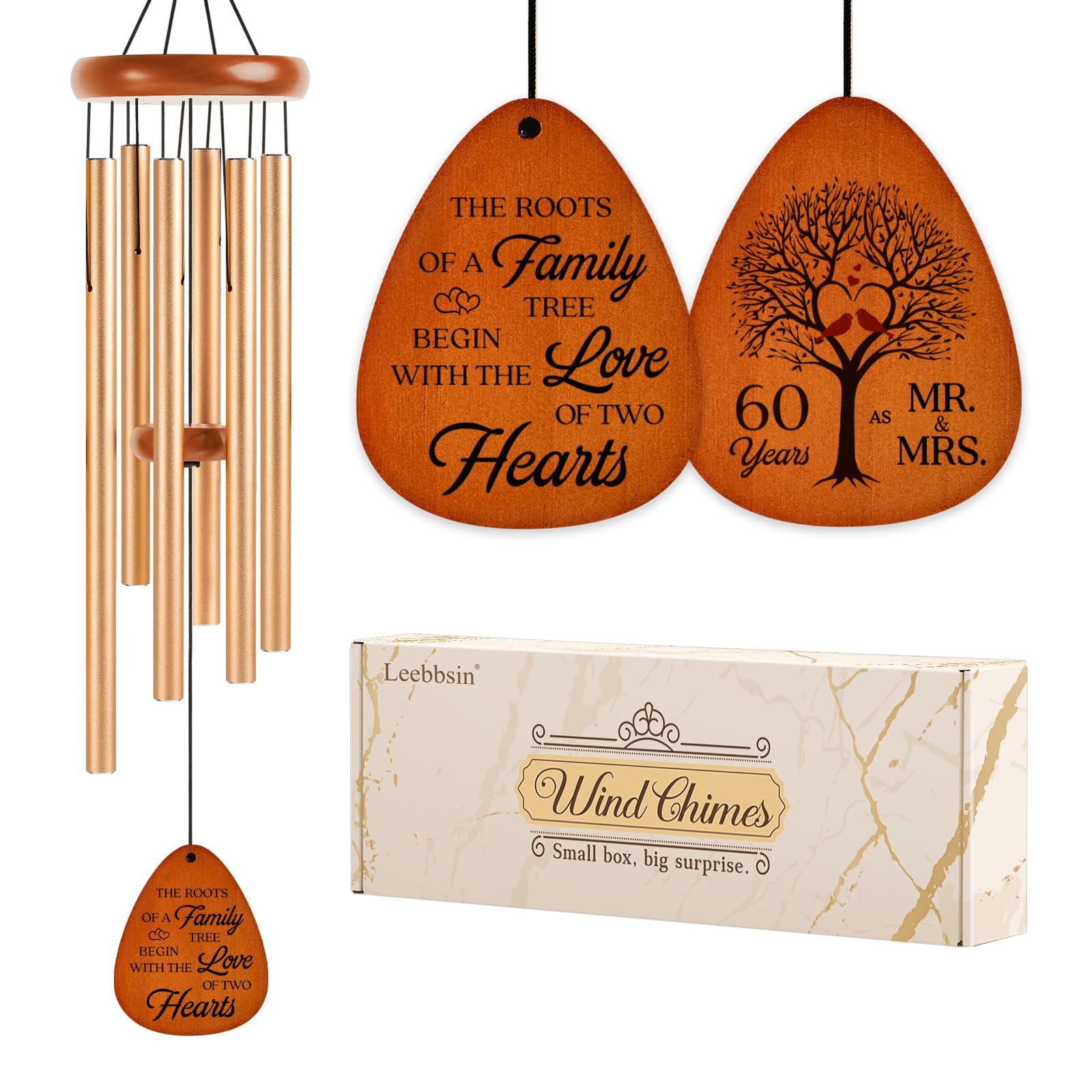 Leebbsin 60th Wedding Anniversary Wind Chime, Happy 60th Anniversary Romantic Gifts for Couple, Parents, Wife, Husband, Friends, Diamond Wedding Anniversary's Keepsake Gifts Ideas-Large 36''