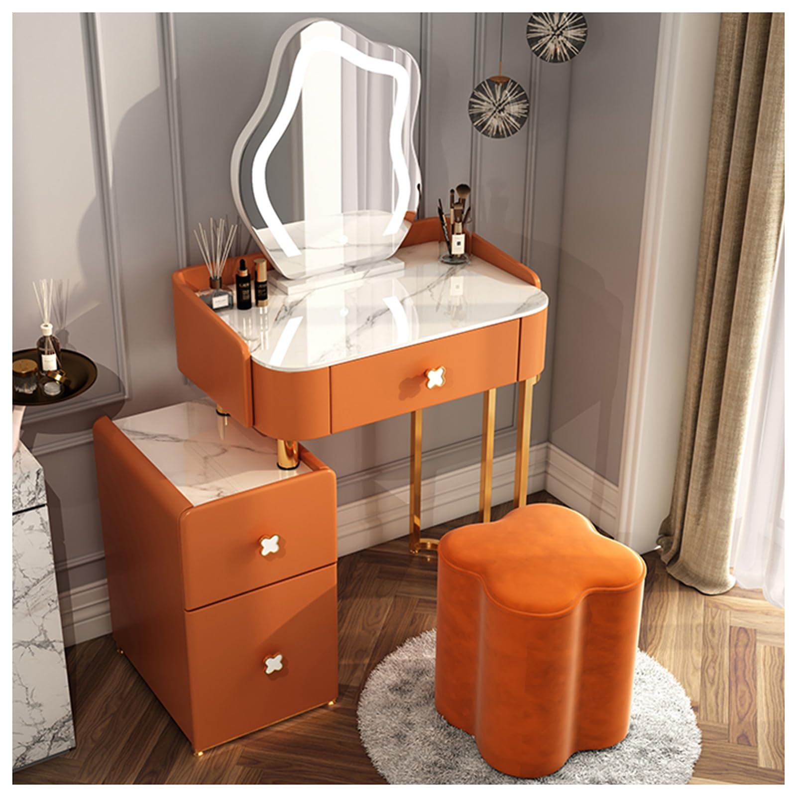 asdchZen Makeup Vanity Desk With Mirror & 3-Color Dimmable Lights, Stylish Makeup Table Set With Retractable Side Cabinets, 3 Drawers & Stool-Orange, 70X40X127Cm,Orange-60x40x127cm