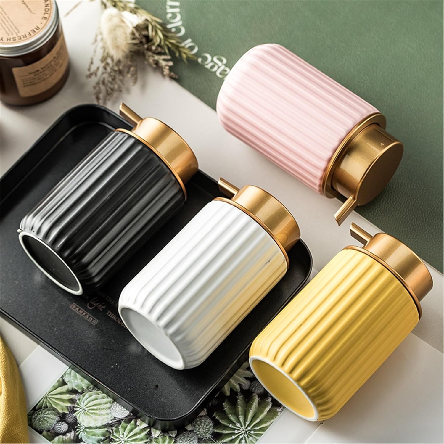 Modern Ceramic Striped Soap Dispenser Bathroom Shower Gel Lotion Push Foaming Bottle Bathroom (Pink)