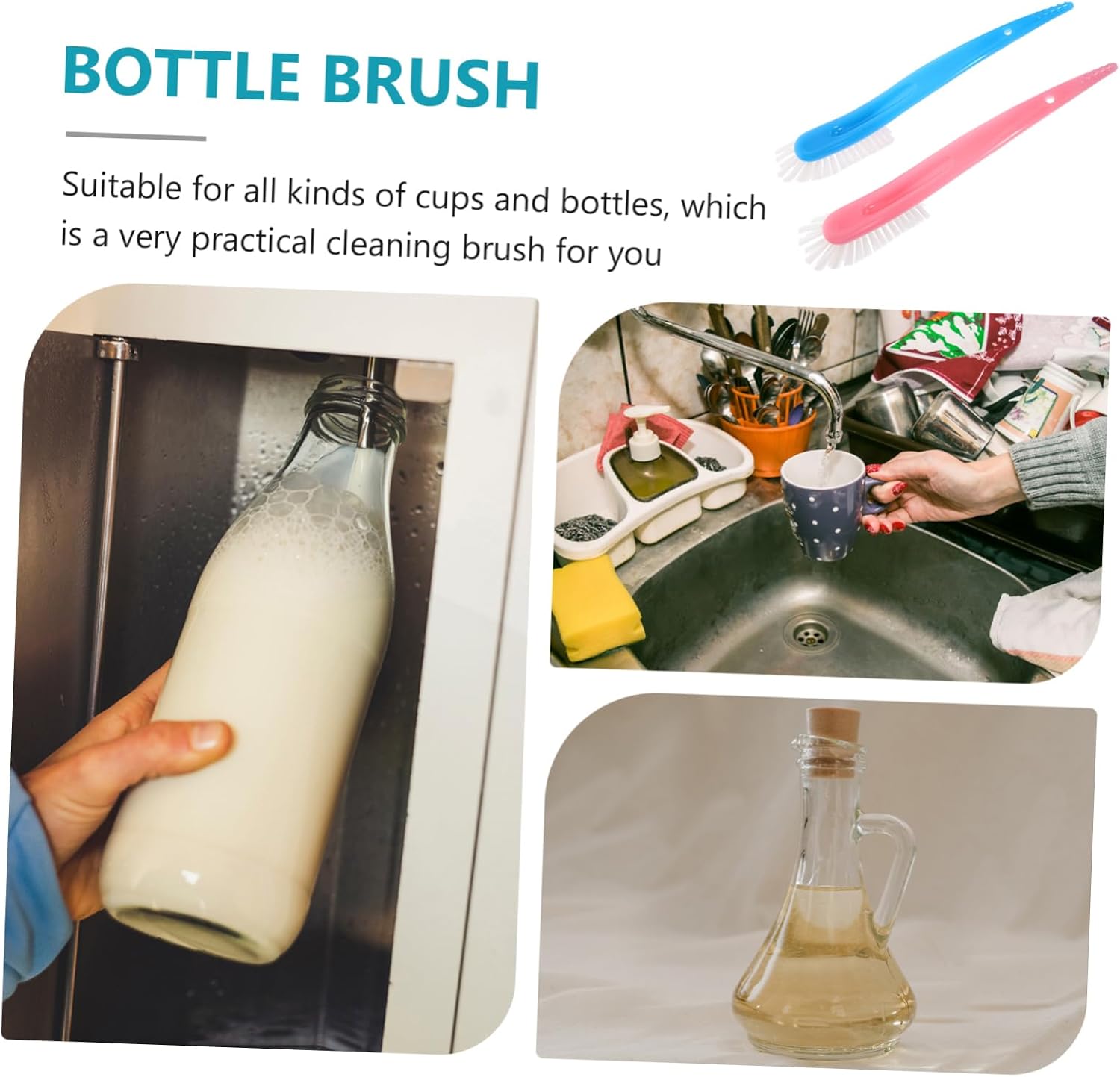 Totority Multifunctional Bottle Brushes 2pcs for Baby Bottles and Cups, Soft Curved Bristles for Deep Cleaning, Durable Handle, Ideal for Home and Travel, Perfect for Parents and Caregivers