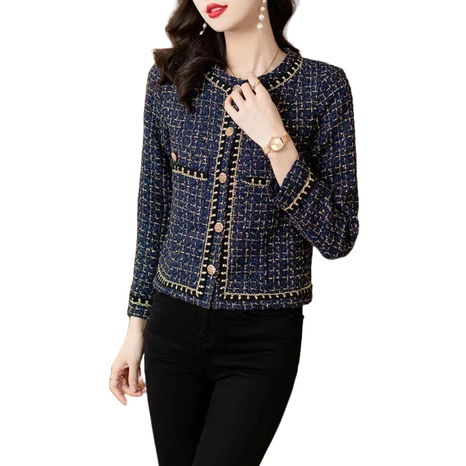 Tweed Blazer Damen im Chanel Stil | Damen Elegante Rundhals Tweed Jacken Kleine Duftende Stil Jacke Mantel Tops