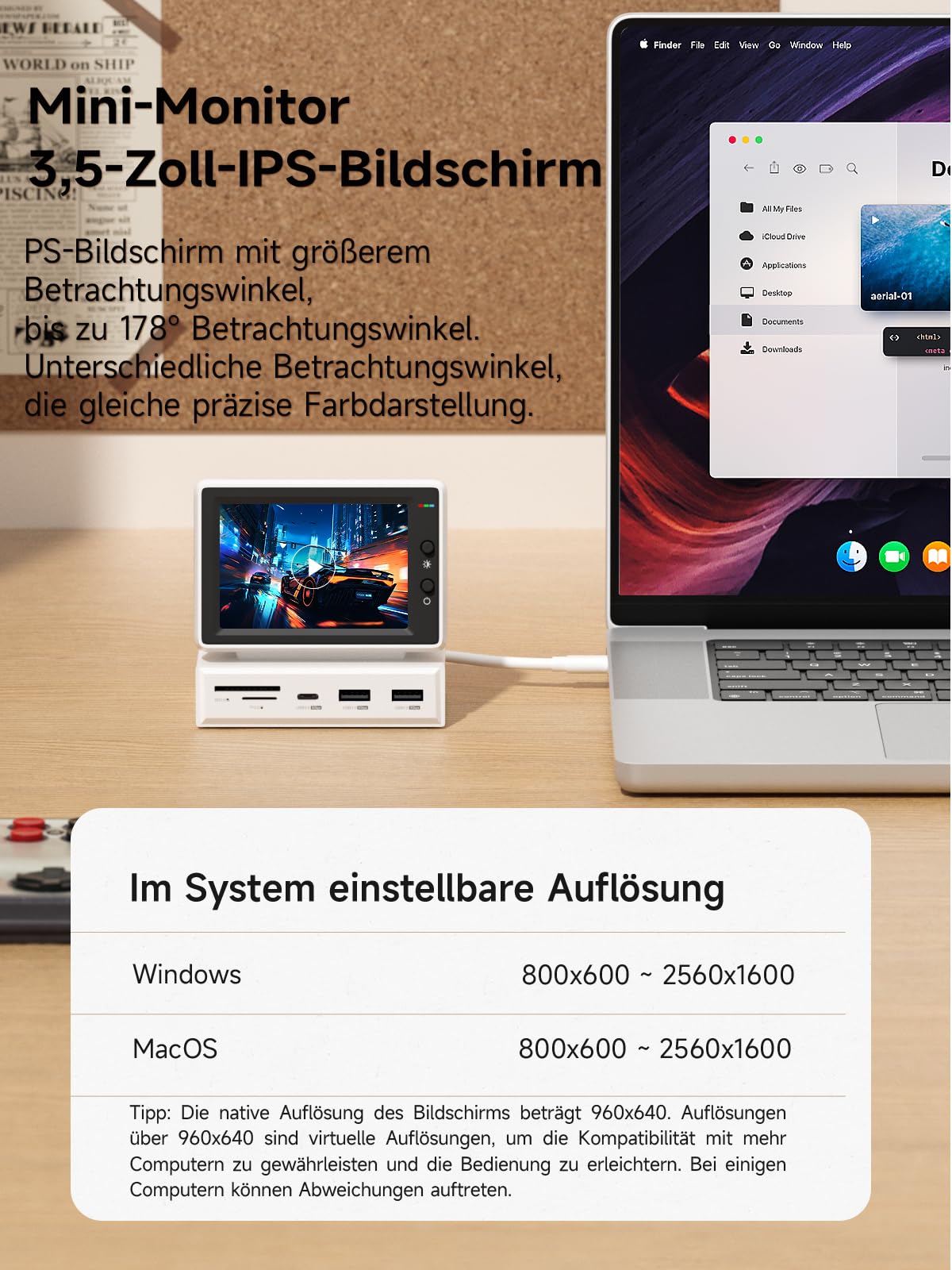 Hagibis Mini Monitor 3,5 Zoll IPS Bildschirm USB-C Hub SD Leser Uhr (X86) | Ein-Kabel-Verbindung für Daten, Strom & Anzeige. Zeigt Temperatur & Uhrzeit live an, mit USB-A/C & SD/microSD Anschlüssen.