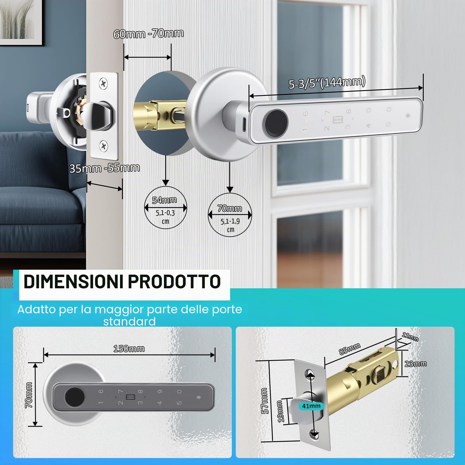 Smart serratura elettrica con impronte digitali, Smart Lock per porta interna, serratura elettronica con Bluetooth, password, app, scheda IC e chiave di emergenza per Smart Home