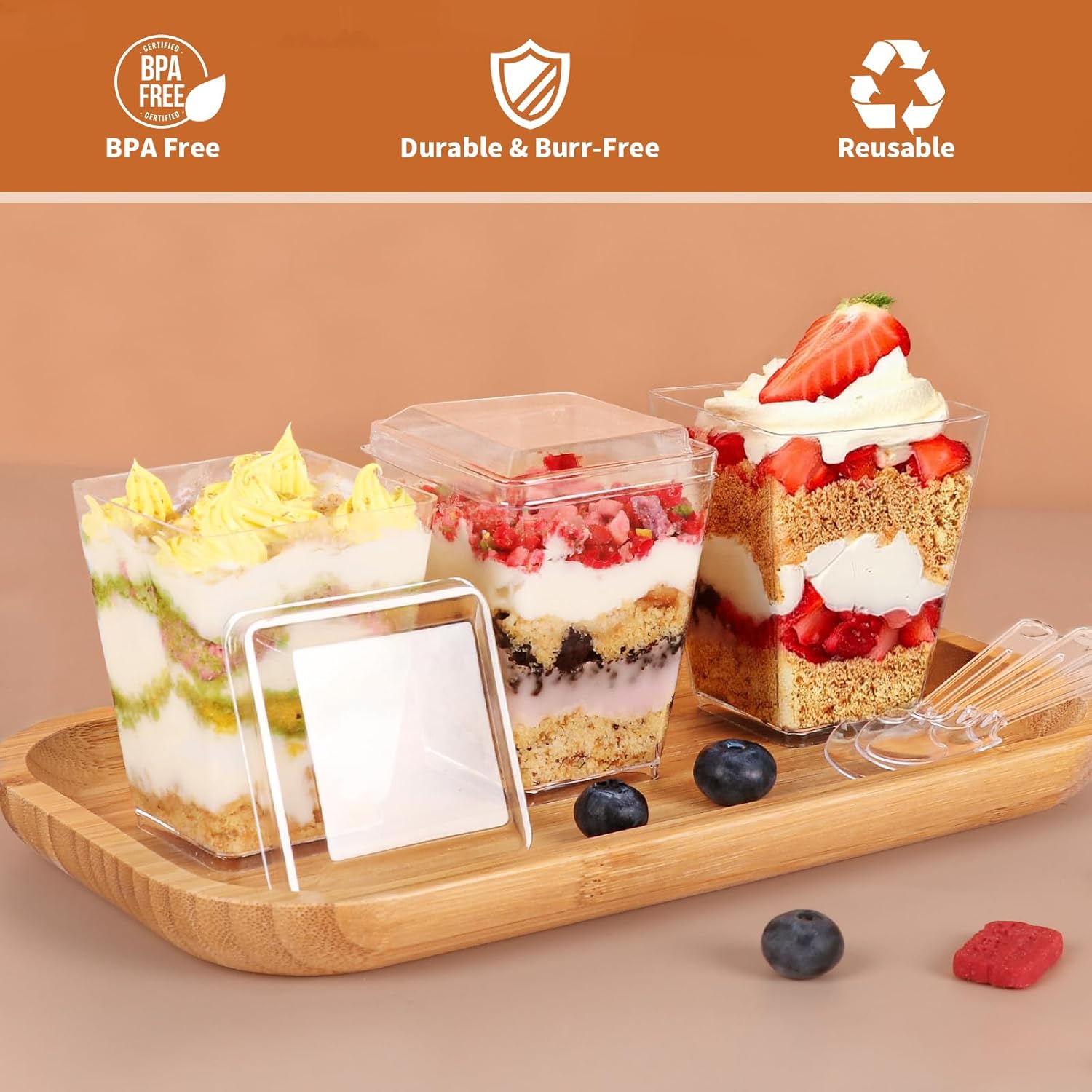 LifeIdeas 600 Pcs Mini Dessert Cups with Spoons and Lids, 5 Oz Square Mini Clear Parfait Cups, Shooters Cups for Party, Clear Yogurt Parfait Cups for Pudding, Fruit, Mousse, Snacks & Appetizers