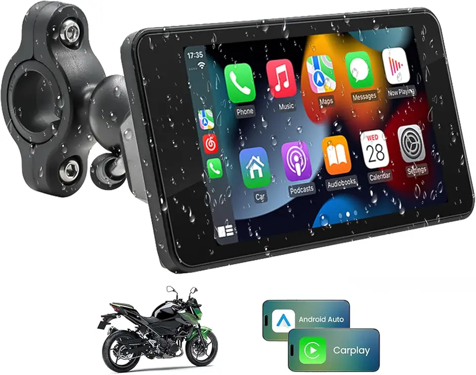 Central Multimídia MP5 para Moto 4.7" com Tela Touch Portátil – CarPlay e IOS Android Auto, Bluetooth, à Prova d’Água, GPS, USB, Áudio Veicular
