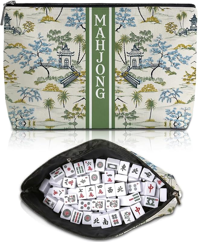 Bolsa Blue Leaves para peças de Mahjong com estampa Garden, zíper e bolso interno