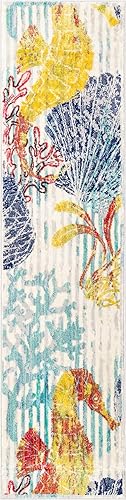 Miniatura 3 de Unique Loom Ariel Collection - Alfombra de área con caballito de mar (2 pies x 8 pies, multimarfil)