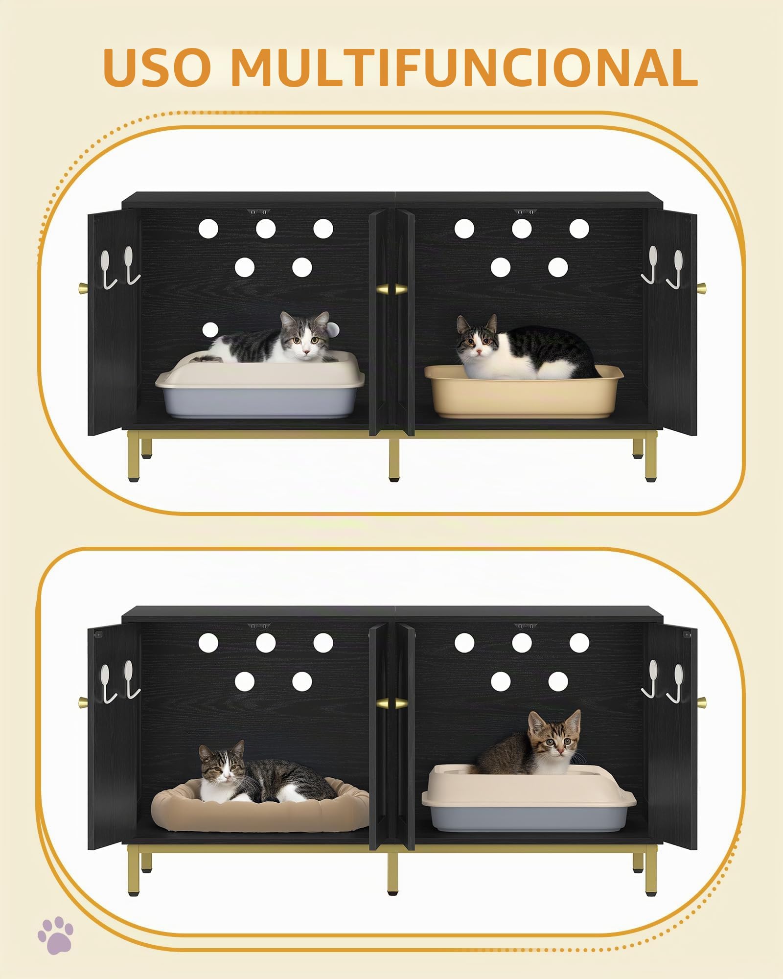 Hzuaneri Caja de Arena para 2 Gatos, 119cm Mueble para Caja de Arena Oculta, Casa de Madera para Mascotas, Mueble de Almacenaje, Se Adapta a la Mayoría de Arenero Gato, Negro CB82304A
