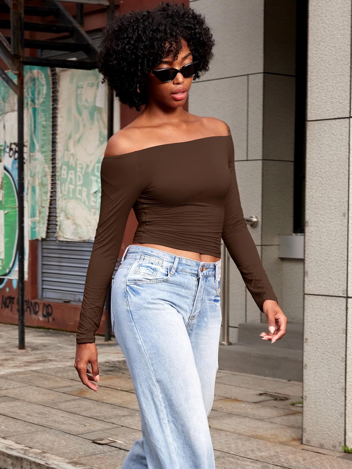 YEOREO Sophie Women Off Shoulder Long Sleeve Shirts Double Lined Basic Undershirt Y2K Going Out Tops - Image 4