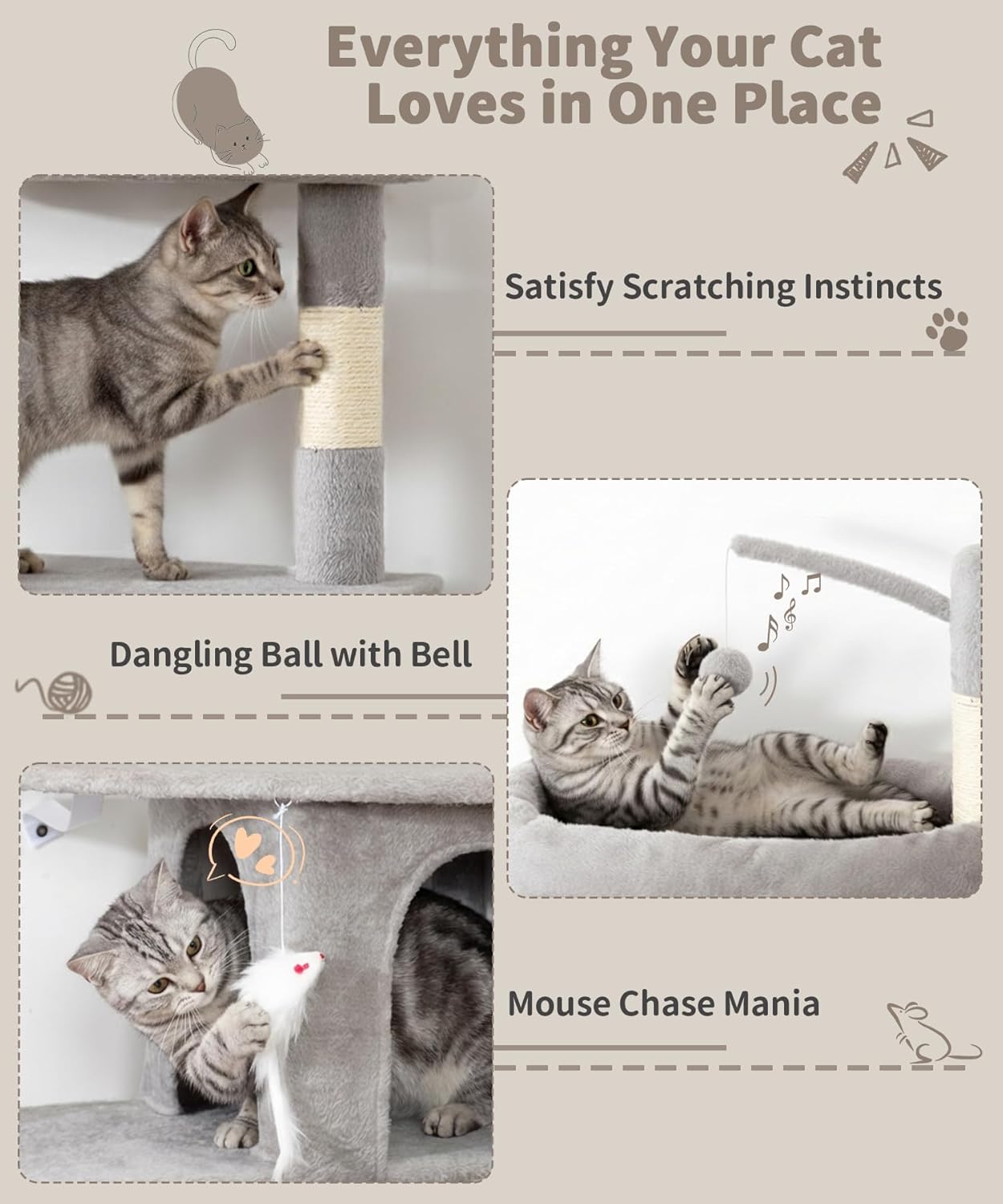 Heavy Duty Cat Tree for Indoor Cat, 74 Inch Cat Tower with Scratching Post, Hanging Basket, Cat Condo with Large Platform for Large Cats, PMT04GY, Grey