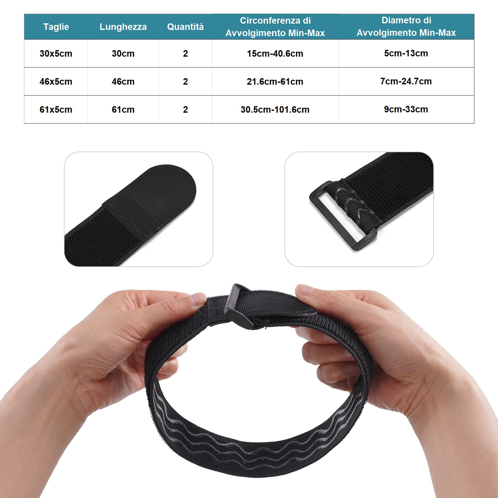 Cinturini Elastici con Chiusure a Strappo, 3 Misure (61/46/30cm x 5cm), Organizzatore di Cavi e Attrezzi per Casa, Officina e Garage