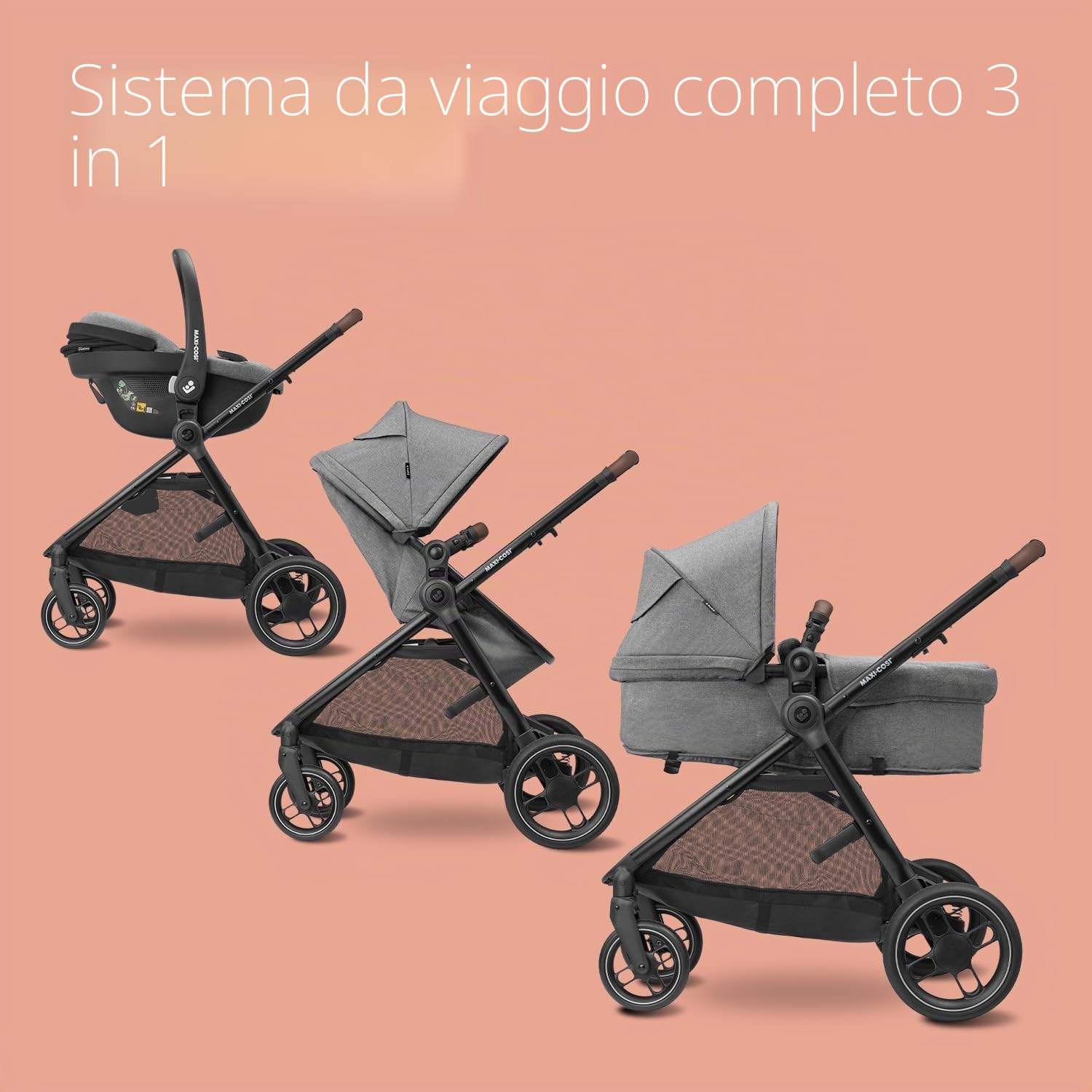 Maxi-Cosi Zelia S Trio - Passeggino 3 in 1, 0-4 anni, fino a 22 kg, pieghevole, compatto e reclinabile, con seggiolino auto CabrioFix S i-Size, accessori, borsa per la cameretta dei bambini, grigio