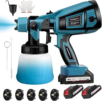 Cordless Paint Sprayer, Paint Sprayers with Battery, Fence Paint Sprayer with 5 Nozzle, Handheld Paint Gun with 2x3000mAh Batteries & Charger for Fence, Walls, Ceilings, Home Painting
