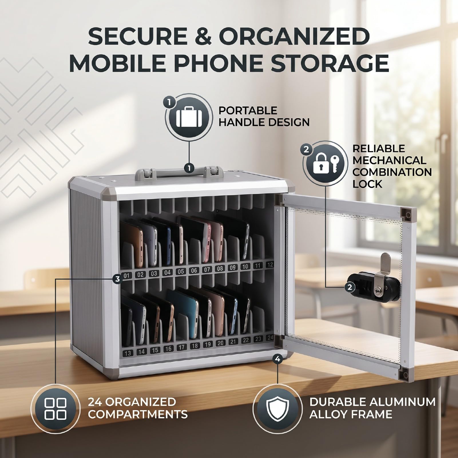 Luocute Cassetta di Sicurezza per Telefono a 24 Scomparti, Armadietto per Telefono con Combinazione Meccanica con Portachiavi per Aula, Ufficio, Laboratorio Scolastico