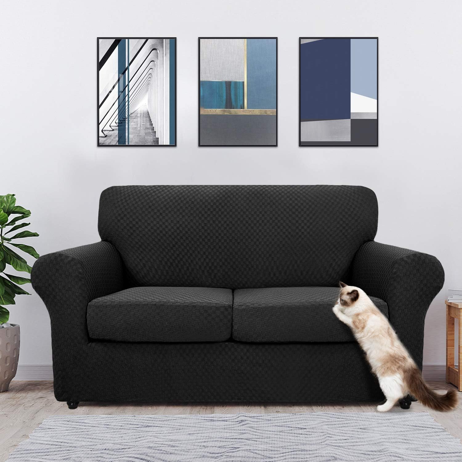 MAXIJIN 3 Piece Newest Jacquard Couch Covers for 2 Cushion Couch Stretch Non Slip Love Seat Couch Cover for Dogs Pet Friendly Elastic Furniture Protector Loveseat Slipcovers (Loveseat, Black) : Home & Kitchen