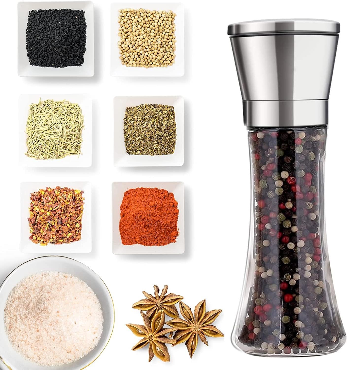 Stainless Steel Spice Grinder Glass, Steel Squeeze Mill,Pepper Grinder or Salt Shaker Manual Shaker, Spice Storage with Adjustable Coarseness Setting-image-44