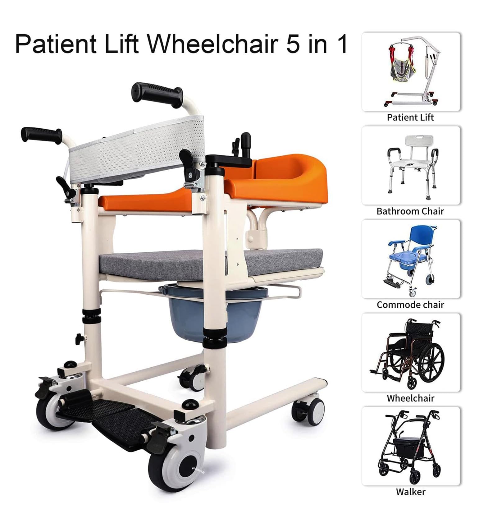 Generico Sedia da Trasferimento 5 in 1, Sedia a Rotelle, Comoda, Doccia e Deambulatore, Sedile Diviso a 180°, Telaio in Acciaio con Base ABS, Portata 200 kg