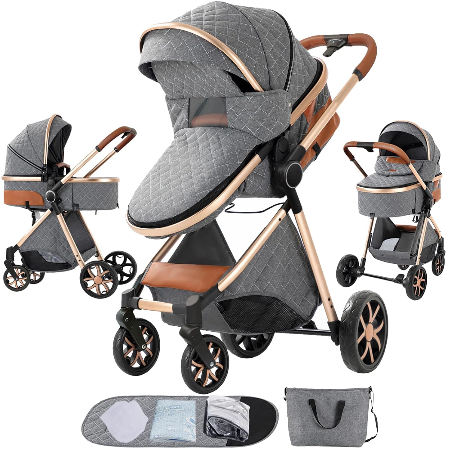 2 in 1 Baby Stroller, Convertible Newborn Travel Carriage, Reversible Infant Stroller, Toddler Standard Pram Carriage with One-Click Folding (225 Grey)