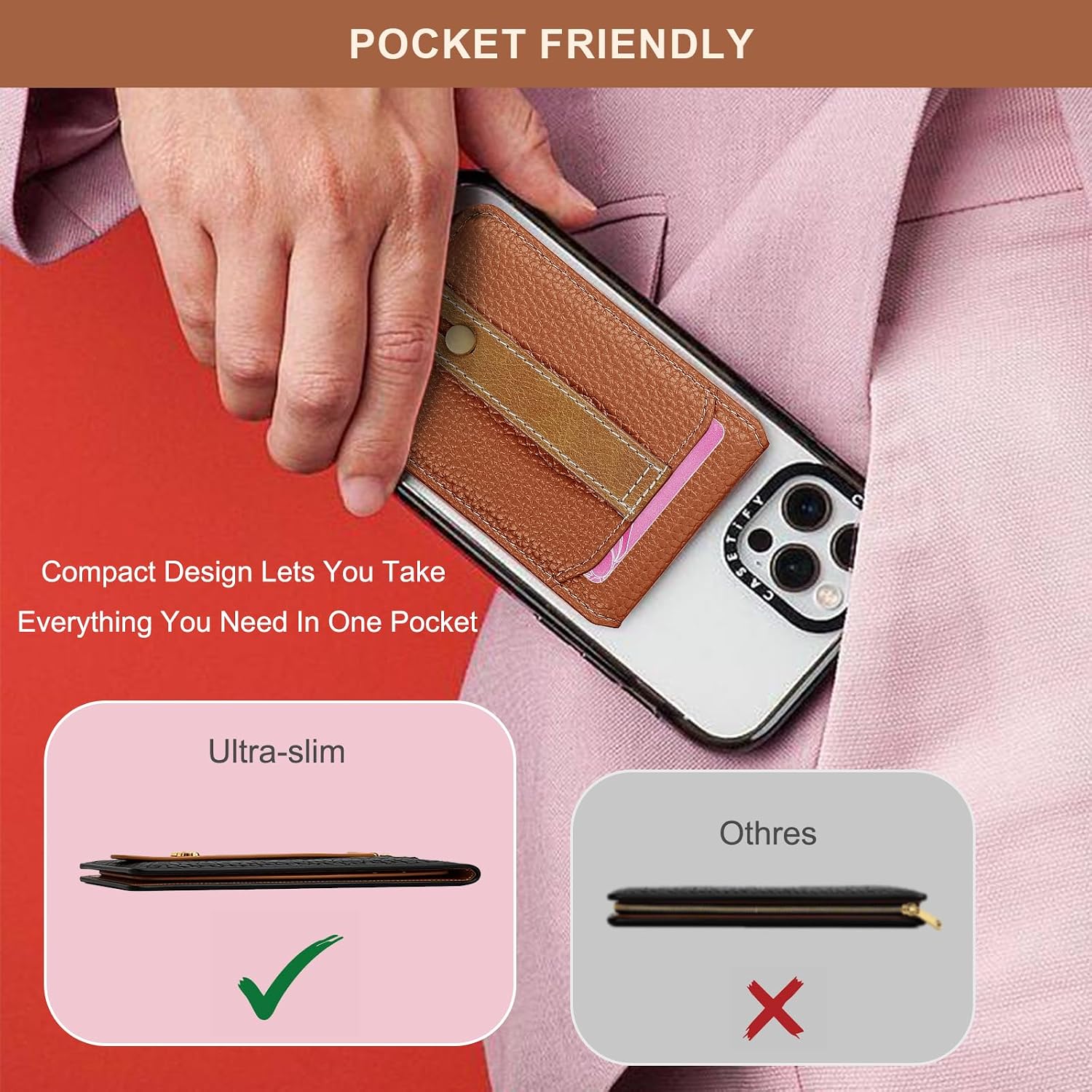 Stick On Phone Card Holder, PU Leather Wallet Stand,Pink image 4