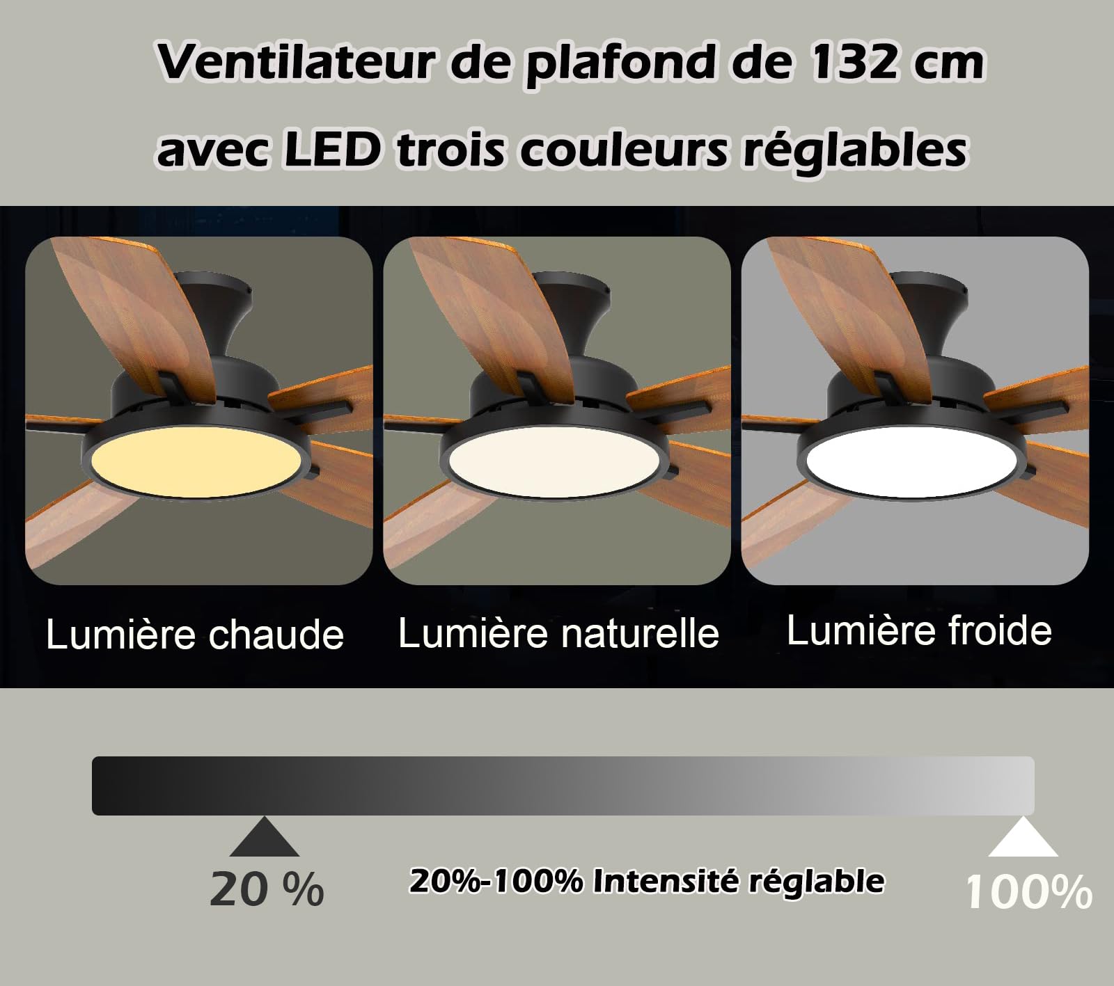 Ventilateur de plafond 132 cm avec lumière LED, moteur DC silencieux, 6 vitesses, trois options de couleur et lumière réglable, finition noire, télécommande pour chambre à coucher, salon