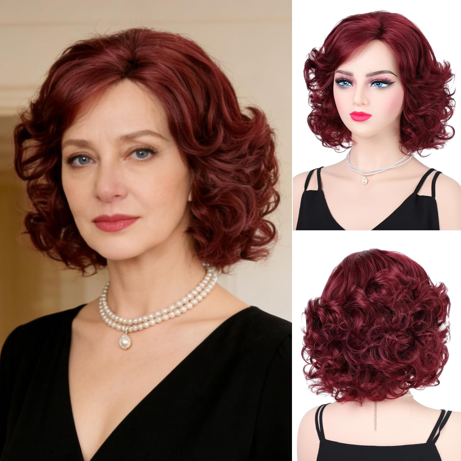 RENERSHOW Burgundy Short Curly Wigs for Women Synthetic Red Wine Chin Length Wavy Bob Wig Side Part Puffy Air Curly Average Size(21-23inch) Wig