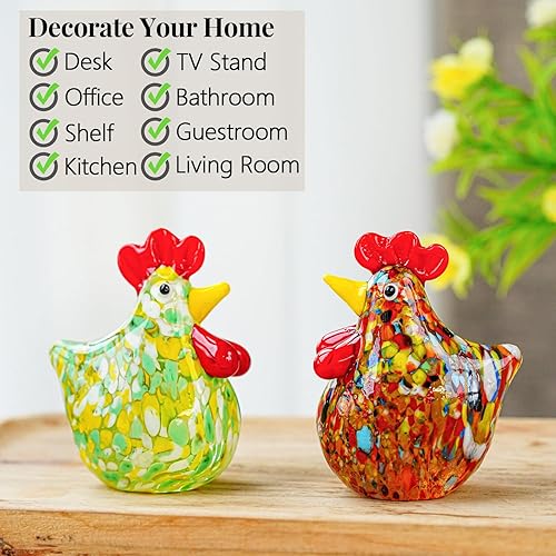 Miniatura 4 de H&D HYALINE & DORA Juego de 2 mini figuras de gallo de vidrio soplado de cristal de pollo coleccionable, adornos de animales de cristal para